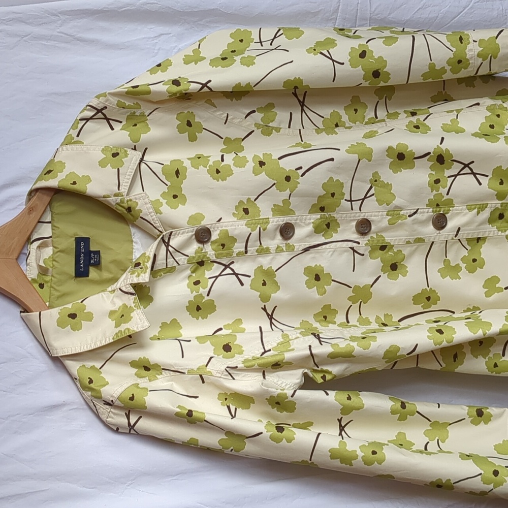 Lands End coat trench jacket cream with green floral XL-P 18-20
